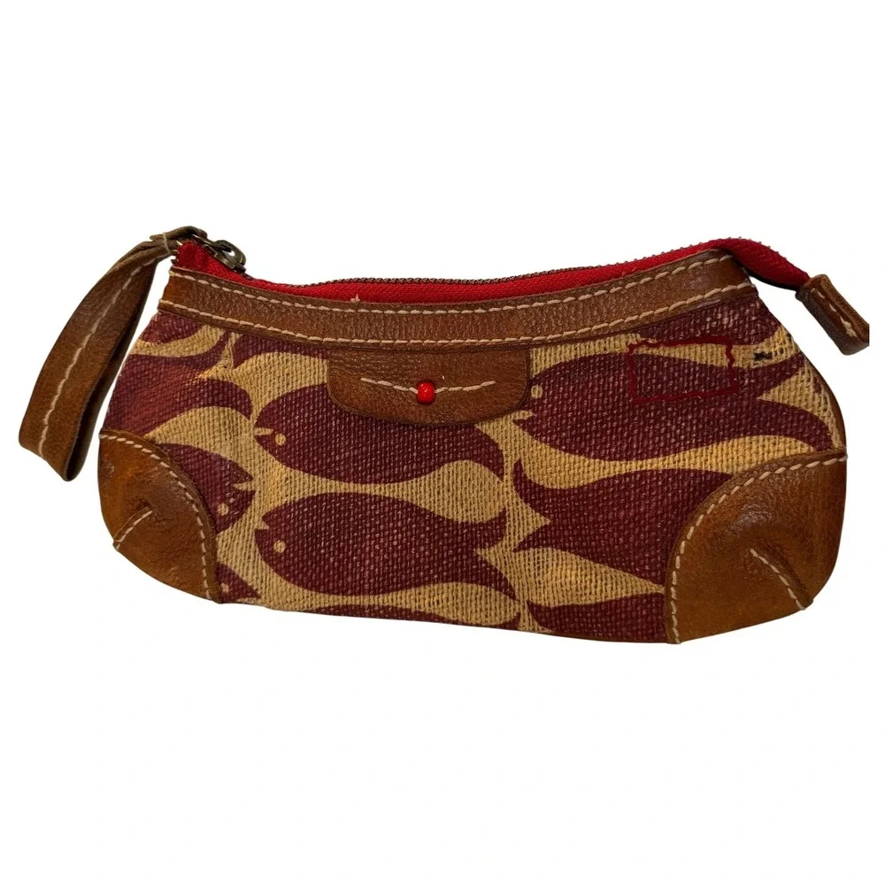 Gap Project Red Africa Fish Print Wristlet Clutch Burlap Leather Trim Rare